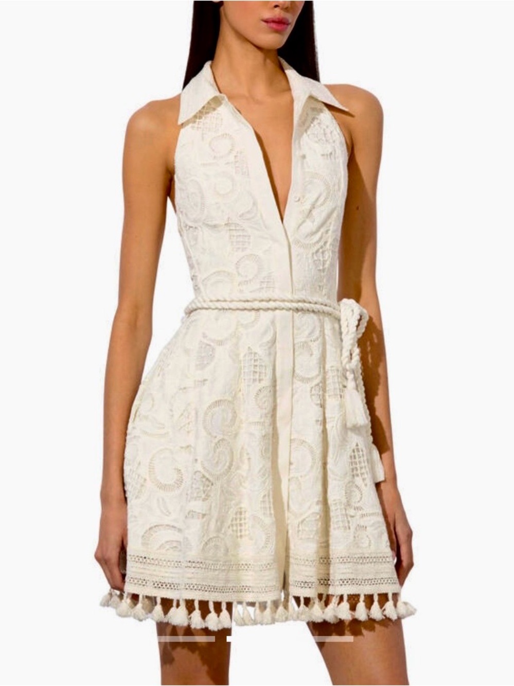 Alice + Olivia Lucy Eyelet & Tassels White Halter Mini Dress Sz 8 NWT MSRP $550